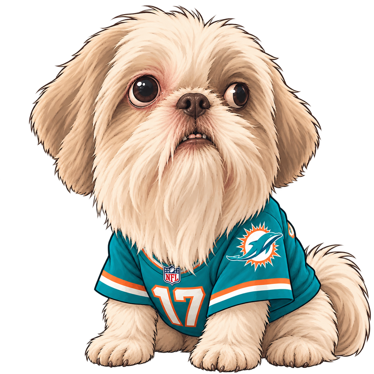 Gizmo sitting in a teal Miami football jersey