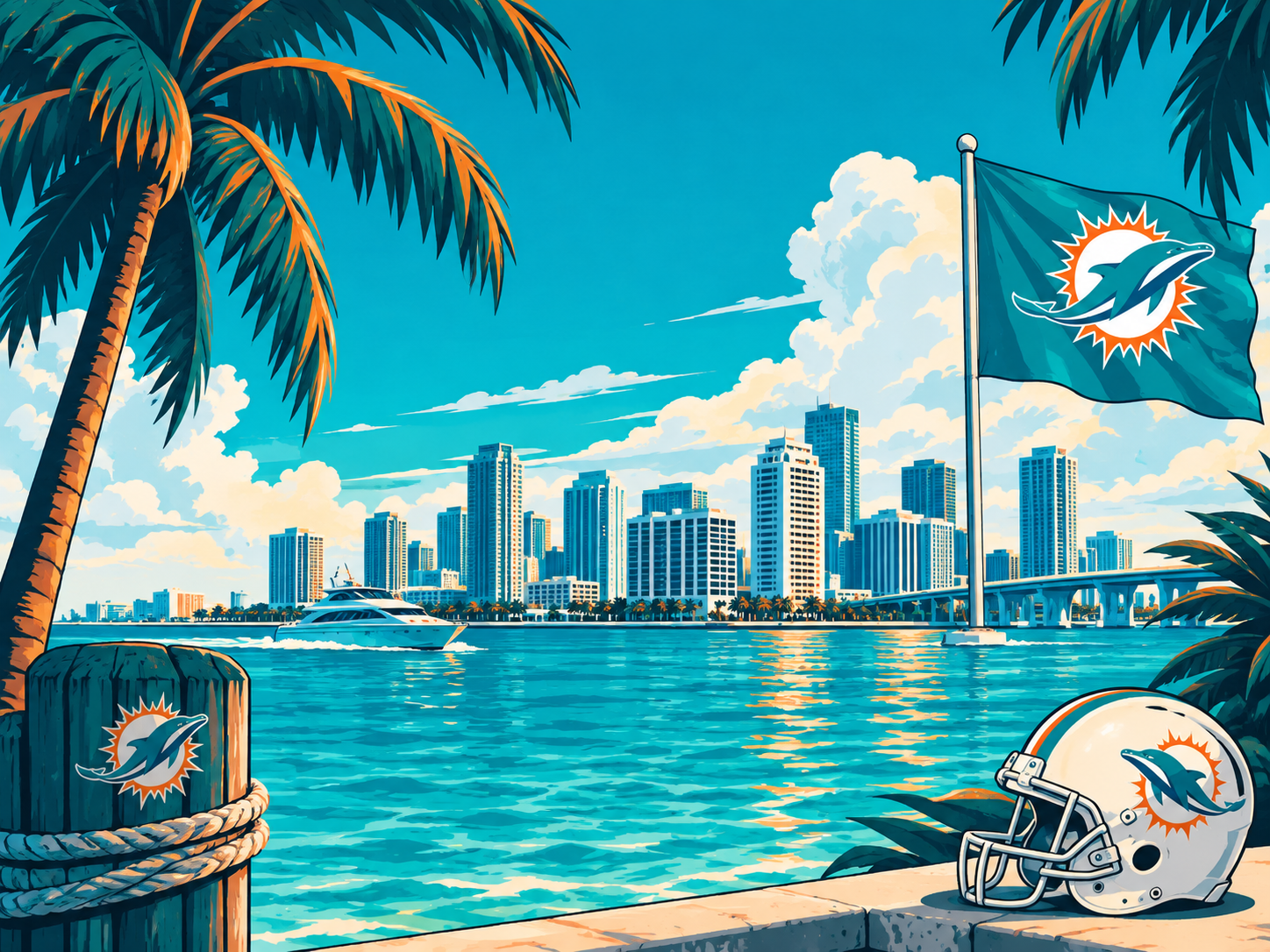 Illustrated Miami waterfront with palm trees and football details
