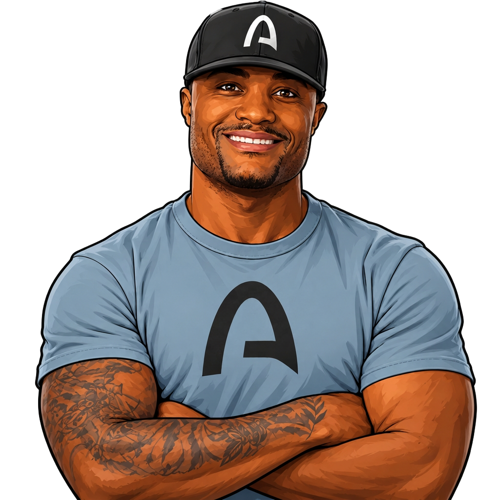 Smiling Arc character wearing a black cap and blue shirt